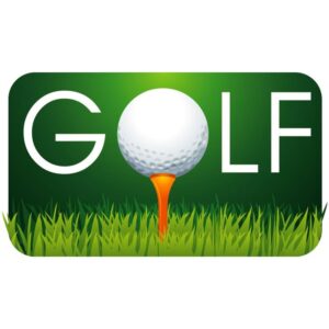 Word art golf ball on red tee and grass