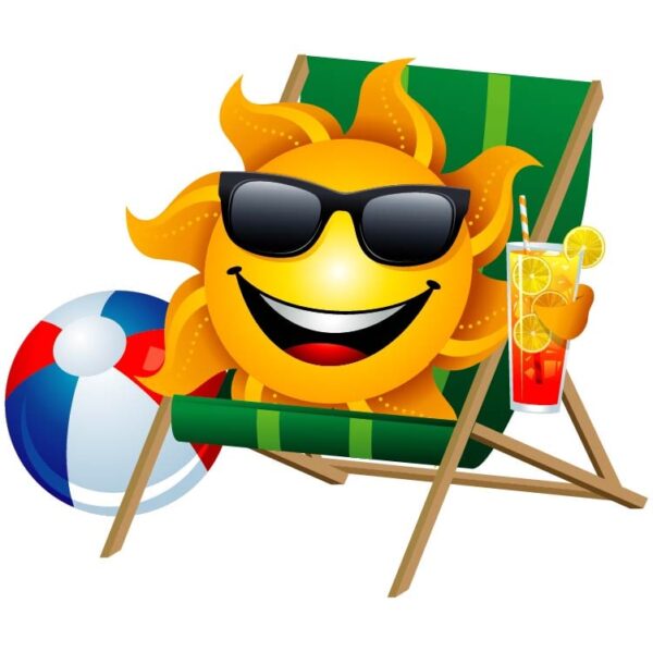 sun is drinking juice with smiling face sitting on the beach chair and sun has a beach ball on the side